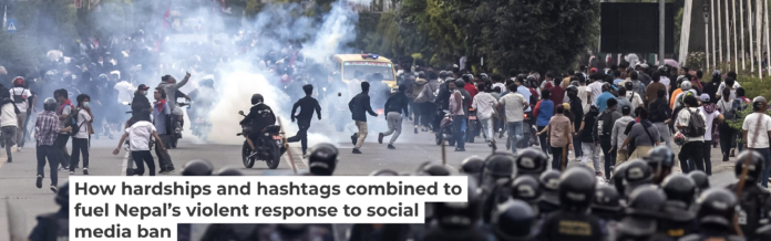 Riot police fire tear gas into crowds of demonstrators in Kathmandu on Sept. 8, 2025. Prabin Ranabhat/AFP via Getty Images
